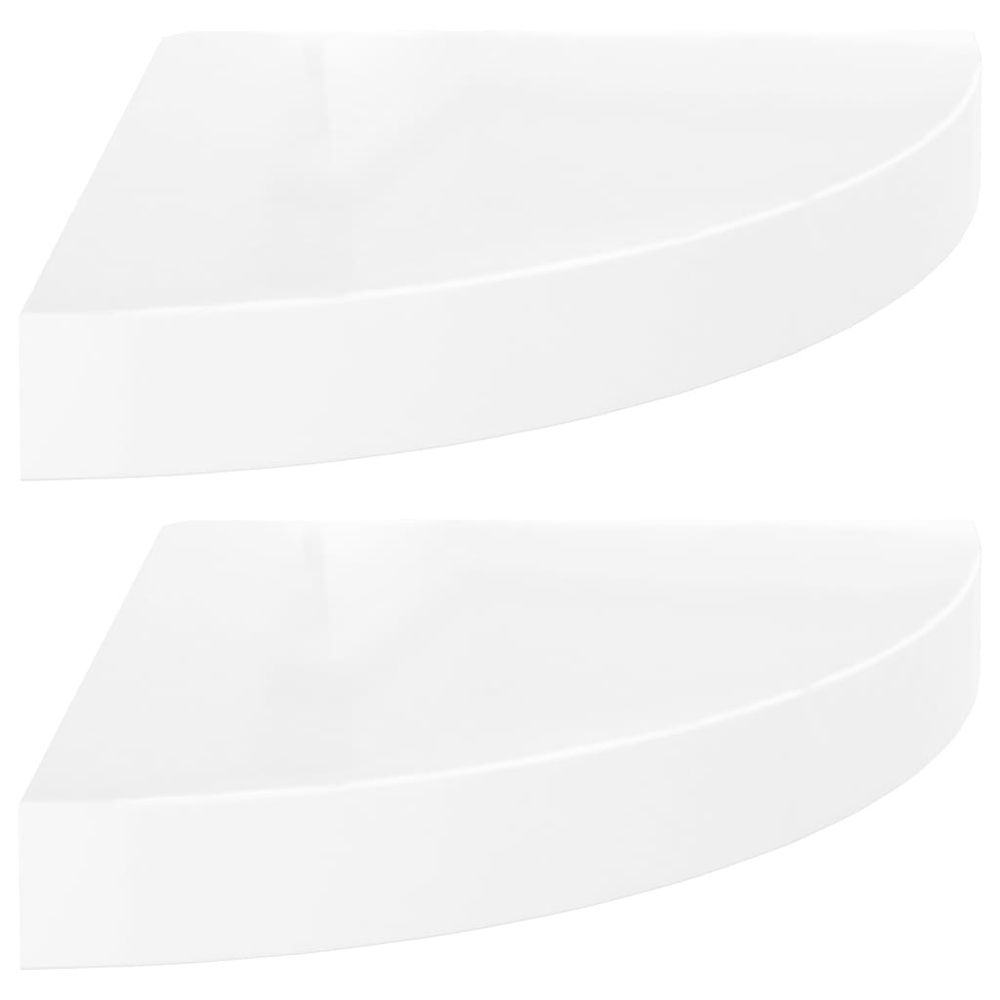 Vidaxl Plávajúce rohové police 2 ks, lesklé biele 25x25x3,8 cm, MDF